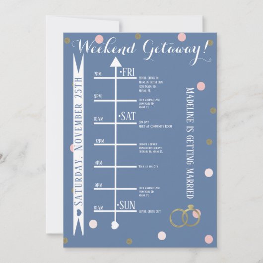 ピンクゴールドのコンフェッティ独身最後の週末旅行 招待状 (正面)