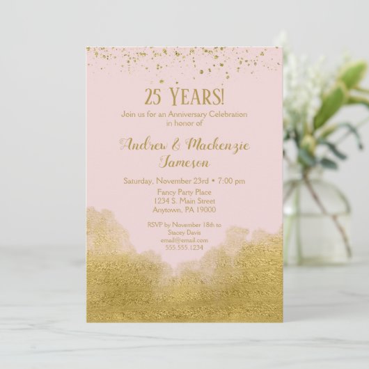 ピンクゴールドのコンフェッティ・アニバーサリー招待状 招待状 (スタンド正面)