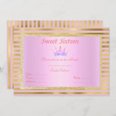 ピンクゴールドのストライプがかわいいスイート16のプリンセスティアラ 招待状 (正面/裏面)