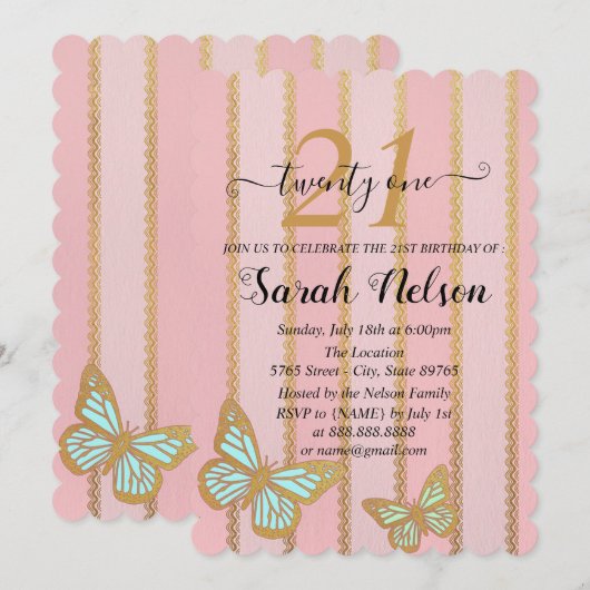 ピンクゴールドのストライプと蝶 招待状 (正面/裏面)