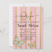 ピンクゴールドのストライプと蝶 招待状 (正面)