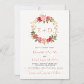 ピンクゴールドのバラの花輪 結婚式のイニシャル 招待状 (正面)