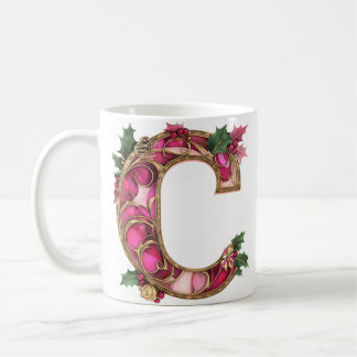 ピンクゴールドのヒイラギのクリスマスモノグラム C コーヒーマグカップ