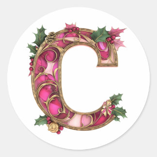 ピンクゴールドのヒイラギのクリスマスモノグラム C ラウンドシール