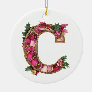 ピンクゴールドのヒイラギのクリスマスモノグラムC セラミックオーナメント
