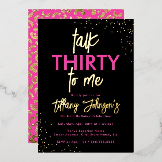 ピンクゴールドのヒョウ柄 30歳の誕生日をお祝い Talk Thirty To Me 箔招待状 (正面/裏面)