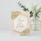 ピンクゴールドのモロッコ風アラビアンナイト・セーブ・ザ・デート 案内ポストカード (スタンド正面)