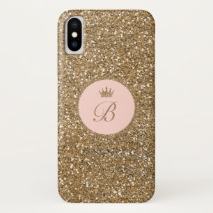 ピンクゴールドのラメプリンセス クラウン モノグラム ガールズ iPhone X ケース