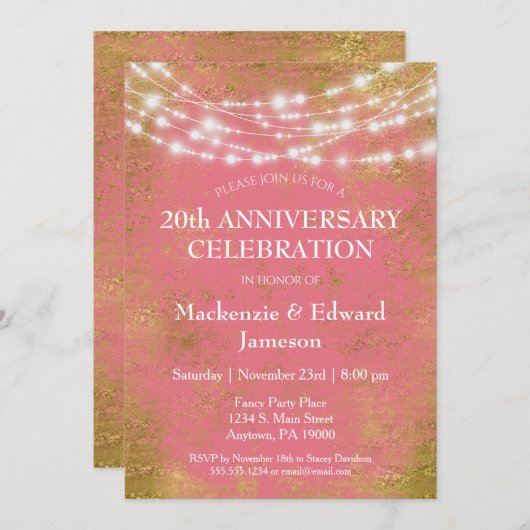 ピンクゴールドの光のアニバーサリー パーティー招待状 招待状 (正面/裏面)