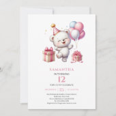 ピンクゴールドの女の子の誕生日テディベア風船招待状 招待状 (正面)