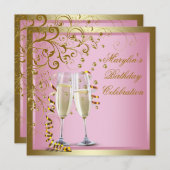 ピンクゴールドの女性の誕生日パーティー 招待状 (正面/裏面)