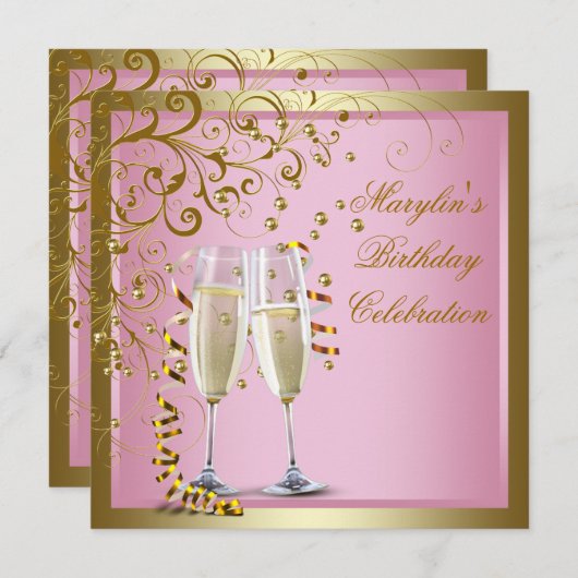 ピンクゴールドの女性の誕生日パーティー 招待状 (正面/裏面)