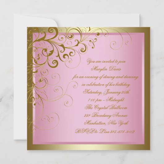 ピンクゴールドの女性の誕生日パーティー 招待状 (裏面)