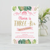 ピンクゴールドの少女恐竜 THREE REX 誕生日 招待状 (スタンド正面)