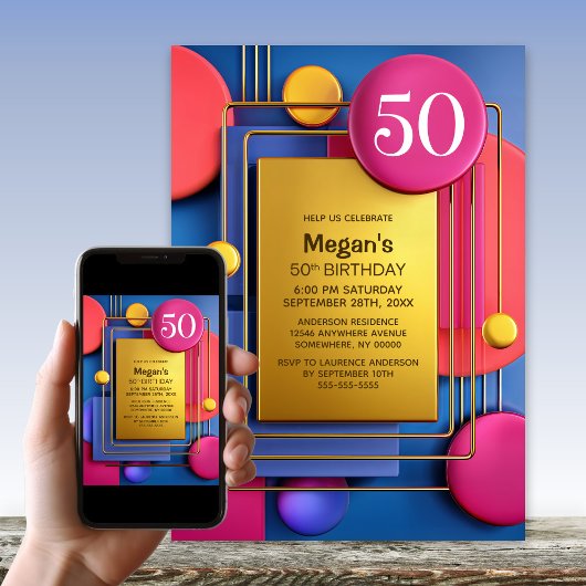ピンクゴールドの抽象的な50歳の誕生日パーティー 招待状