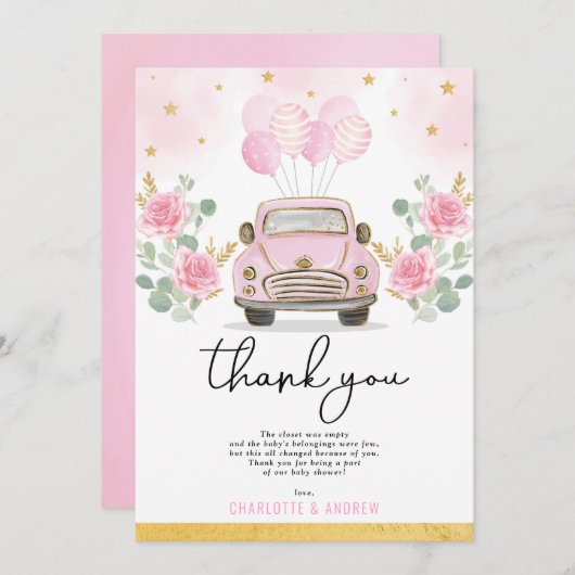 ピンクゴールドの検疫ドライブバイ ベビーシャワーパレード サンキューカード (正面/裏面)