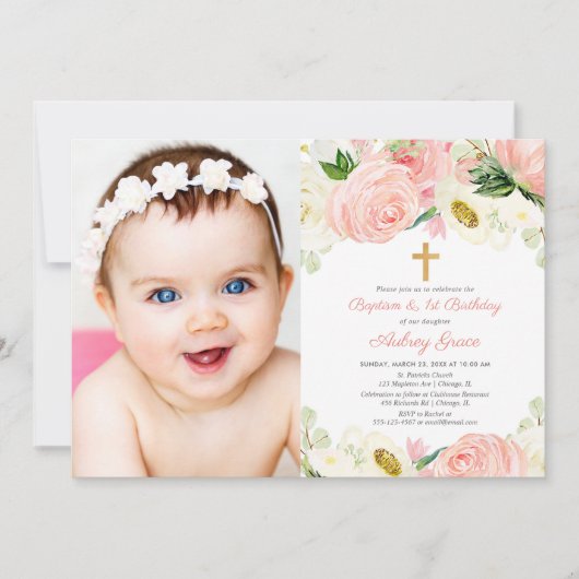 ピンクゴールドの洗礼と1歳の誕生日写真の女の子 招待状 (正面)