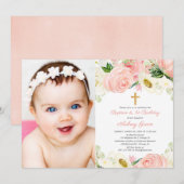 ピンクゴールドの洗礼と1歳の誕生日写真の女の子 招待状 (正面/裏面)