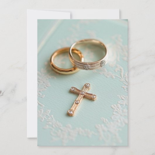 ピンクゴールドの結婚指輪とクロス 招待状 (正面)