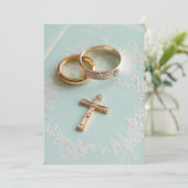 ピンクゴールドの結婚指輪とクロス 招待状 (スタンド正面)
