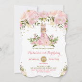 ピンクゴールドの花うさぎ 誕生日招待状 招待状 (正面)