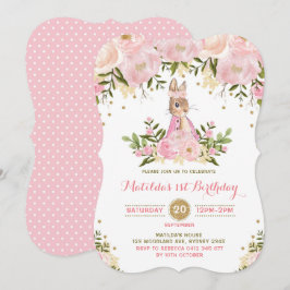 ピンクゴールドの花うさぎ 誕生日招待状 招待状
