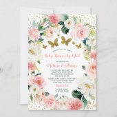 ピンクゴールドの花と蝶のベイビーシャワー（郵送） 招待状 (正面)