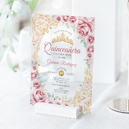 ピンクゴールドの花のクィンセañera アクリル招待状