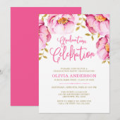 ピンクゴールドの花の水彩画卒業招待状 招待状 (正面/裏面)