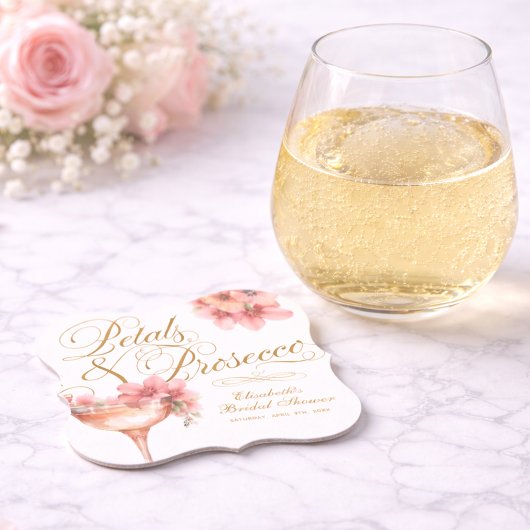 ピンクゴールドの花びらとプロセッコの結婚前お披露目パーティー ペーパーコースター