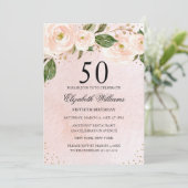 ピンクゴールドの花柄が華やかな50歳の誕生日招待状 招待状 (スタンド正面)
