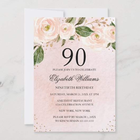 ピンクゴールドの花柄の90歳の誕生日 招待状 (正面)