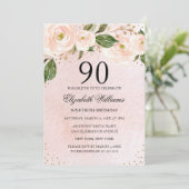 ピンクゴールドの花柄の90歳の誕生日 招待状 (スタンド正面)