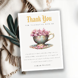 ピンクゴールドの花柄ティーカップ ブライダルシャワーティーパーティー サンキューカード