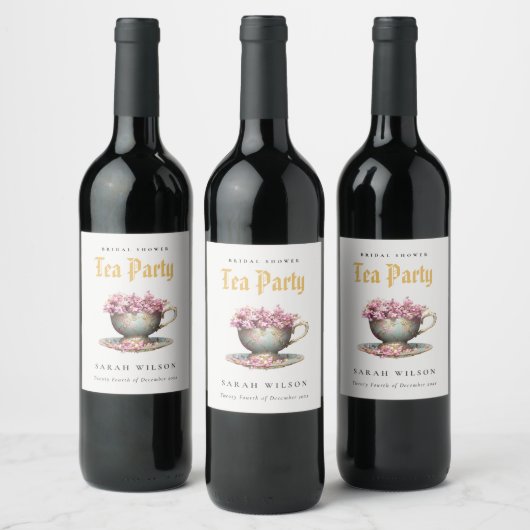ピンクゴールドの花柄ティーカップ ブライダルシャワーティーパーティー ワインラベル (ボトル)