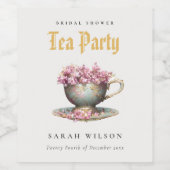 ピンクゴールドの花柄ティーカップ ブライダルシャワーティーパーティー ワインラベル (シングルラベル)