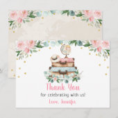 ピンクゴールドの花柄トラベル ブライダルシャワー サンキューカード (正面/裏面)