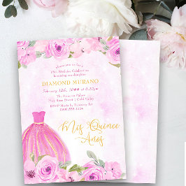 ピンクゴールドの花柄プリンセスドレス Mis Quince Anos 招待状