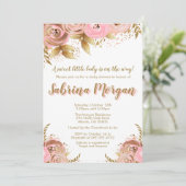 ピンクゴールドの花柄ベビーシャワー招待状 ブラッシュゴールド 招待状 (スタンド正面)