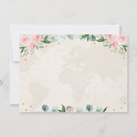 ピンクゴールドの花柄 トラベル ブライダルシャワー サンキューカード (裏面)