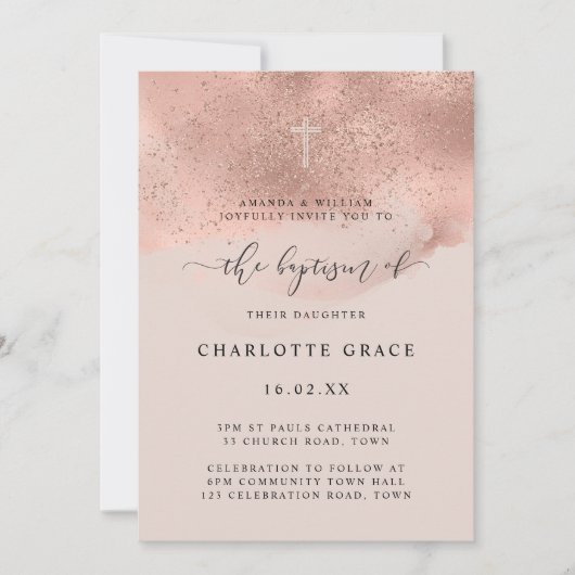 ピンクゴールドの輝きに満ちた洗礼のスクリプト 招待状 (正面)
