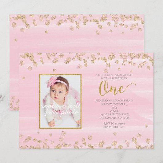 ピンクゴールドの1歳の誕生日フォトインビテーション 招待状 (正面/裏面)