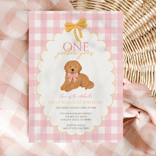 ピンクゴールドゥードル犬の1歳の誕生日パーティー 招待状
