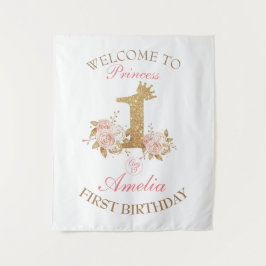 ピンクゴールドクラウンプリンセス1歳の誕生日へようこそ タペストリー