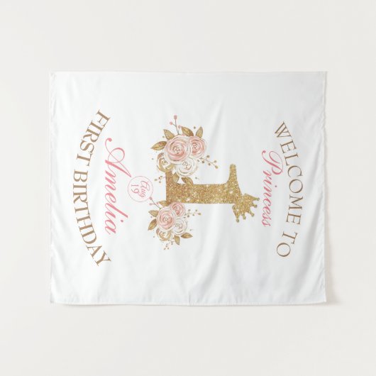 ピンクゴールドクラウンプリンセス 1歳の誕生日おめでとう タペストリー (正面(横))