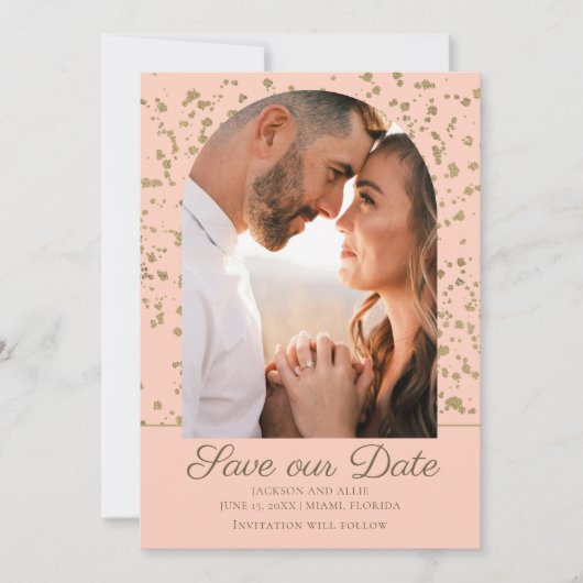 ピンクゴールドグリッターアーチドーム写真ウェディング セーブザデート (正面)