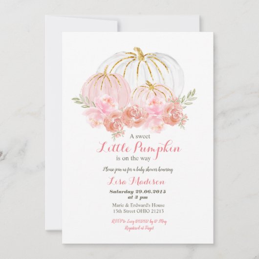 ピンクゴールドグリッター フラワーパンプキン ベイビーシャワー 招待状 (正面)