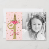 ピンクゴールドグリッター ユニコーン 1歳の誕生日パーティー 招待状 (正面)