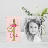 ピンクゴールドグリッター ユニコーン 1歳の誕生日パーティー 招待状 (スタンド正面)