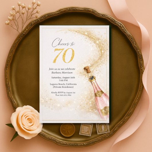 ピンクゴールドシャンパンの70歳の誕生日おめでとう 招待状
